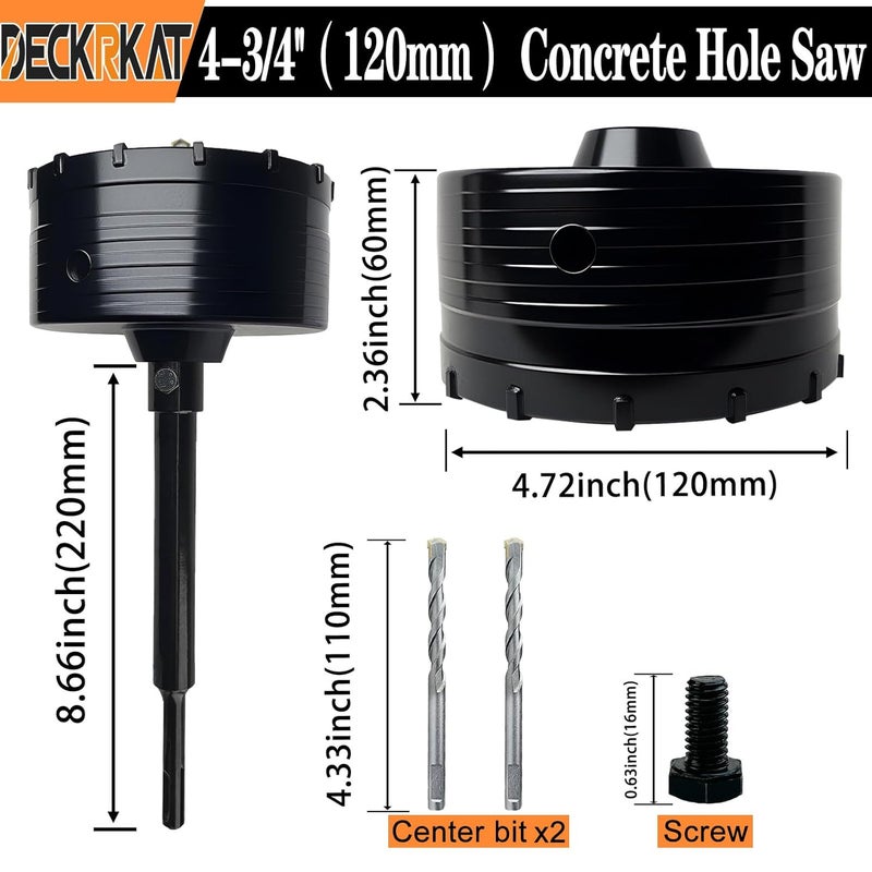 DECKRKAT 4-3/4" Concrete Hole Saw Kit,Electroplated Black Quenching Tech,Heavy-Duty Thickened Alloy Teeth,SDS Plus Shank & 2 Center Bits for Concrete,Brick,Stone. - Image 2